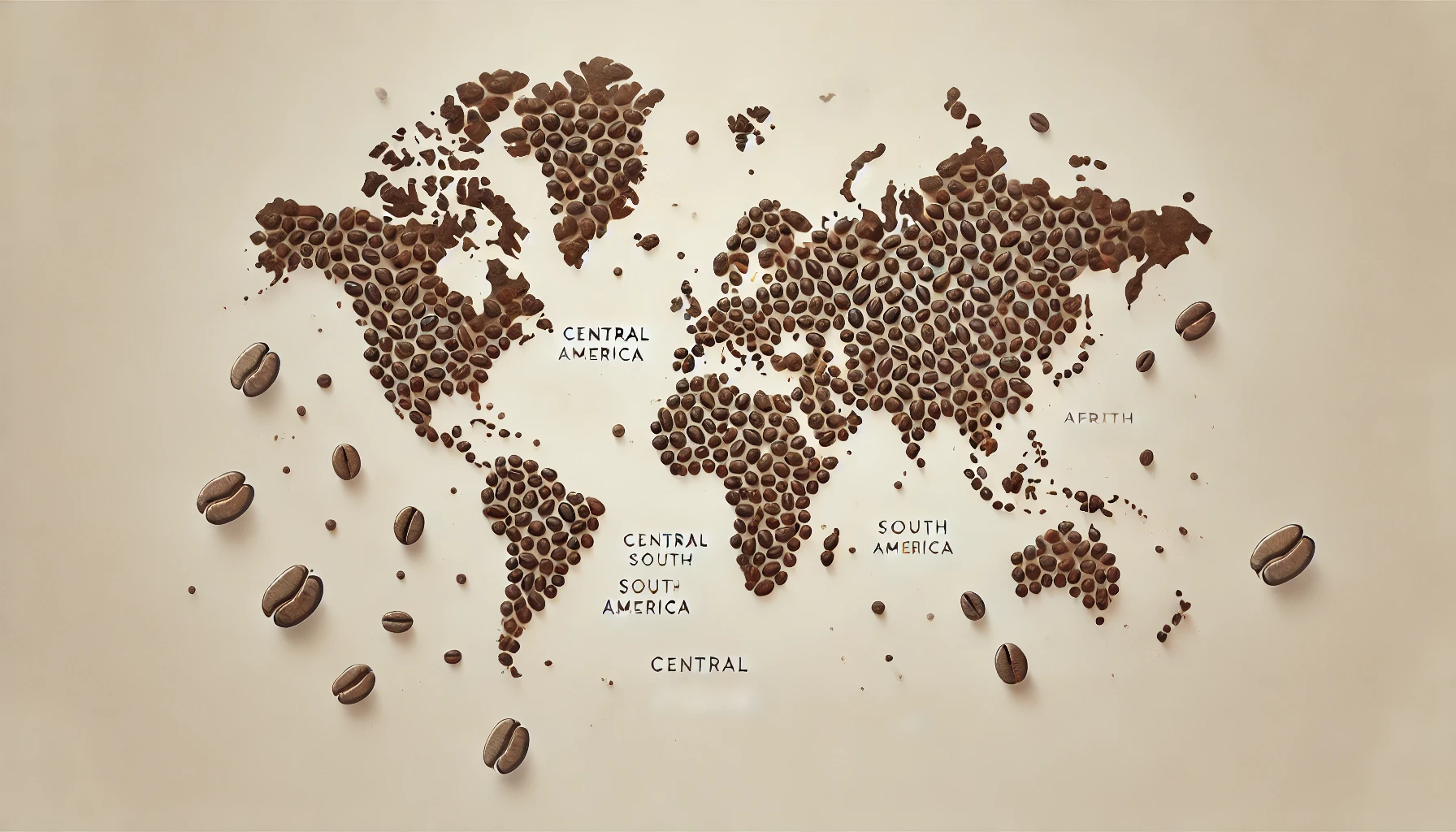 Explore the world of coffee through this unique map crafted from coffee beans. Discover major coffee-producing regions including Central America, South America, and Africa.