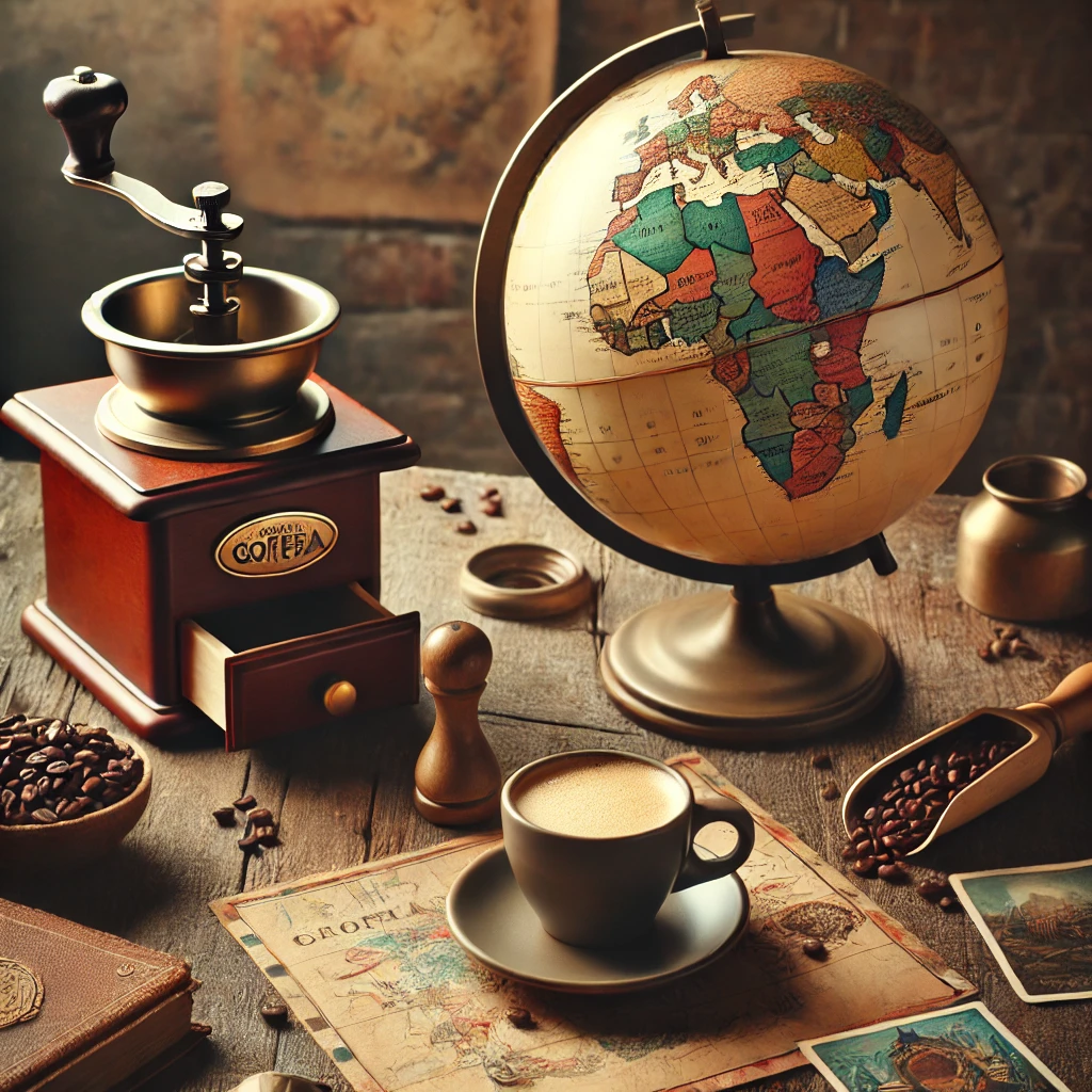 Vintage world globe next to a classic coffee grinder, with coffee beans scattered on an antique map, cup of coffee, and wooden table in warm lighting