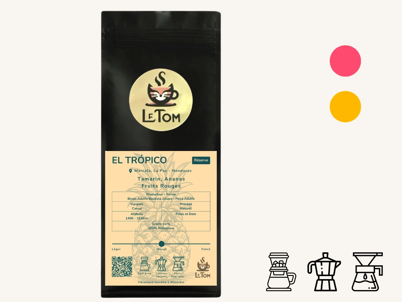 Le Tom Café El Trópico reserve coffee in black packaging with pale yellow label showcasing Honduran coffee from Marcala, La Paz. Label displays flavor notes of tamarind, pineapple, and red fruits. Features organic certification, 1400-1540m altitude, produced by Bryan Adolfo Bautista Zelaya at Finca Adolfo, using Catuai variety with natural processing method. Medium roast, recommended for cold brew, moka pot, and pour-over brewing.