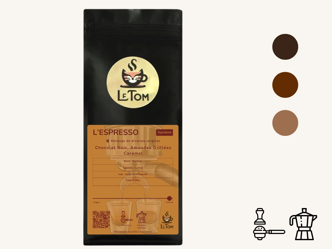 Le Tom Café L'Espresso signature blend in black packaging with amber-gold label featuring a blend of origins. Label details flavor notes of dark chocolate, roasted almonds, and caramel. Origin information shows beans from Brazil (Mantissa), Colombia (Le Paz), and India (Kaapi Royal Robusta). Features Signature classification with dark roast, specifically designed for espresso and moka pot brewing methods.