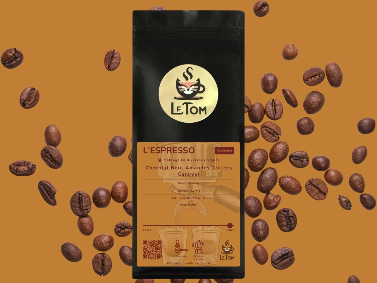 Le Tom Café L'Espresso blend coffee bag surrounded by coffee beans on amber background. Black package with golden Le Tom cat logo at top. Amber label indicates a multi-origin espresso blend with dark chocolate, roasted almond and caramel flavor profile. Label shows beans from Brazil, Colombia and India. Features dark roast, optimized for espresso and moka pot brewing methods.